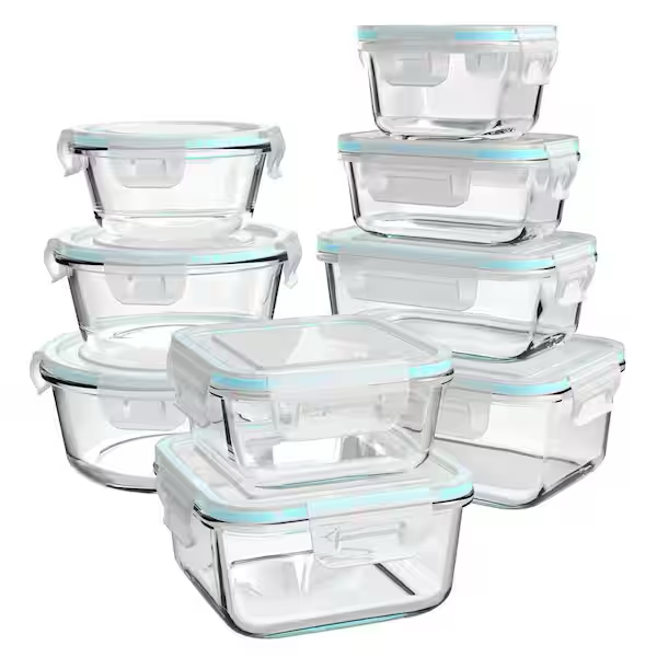18 Piece Leak Proof BPA Free Glass Food Storage Containers with Lids for Meal Prep Microwave Oven Safe Set